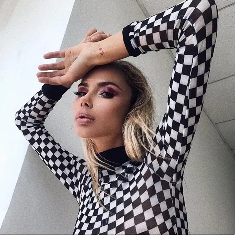 Checkered shirt mesh black and white crop top womens